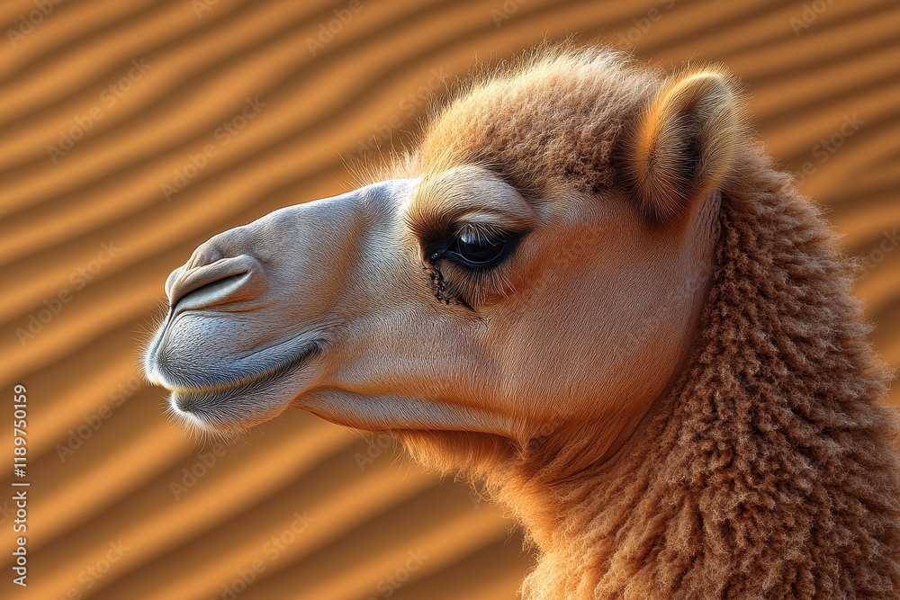 Obraz premium A close-up of a camel's head against a sandy desert background.