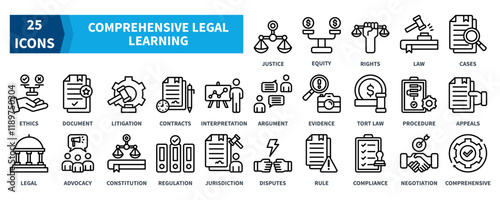 COMPREHENSIVE LEGAL LEARNING icon collection set. Containing justice, equity, rights, law, ethics, litigation, constitution, regulation icon. Simple black outline vector.