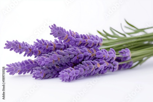 Close-up view of lavender blossoms. Soft focus emphasizes flower details. Purple hues create soothing visual. Freshness, purity of summer plant highlighted. Ideal for products related to relaxation. photo