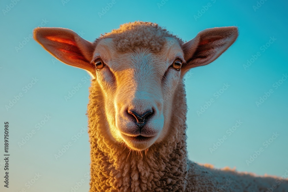Fototapeta premium Close-up portrait of a sheep against a vibrant blue sky.