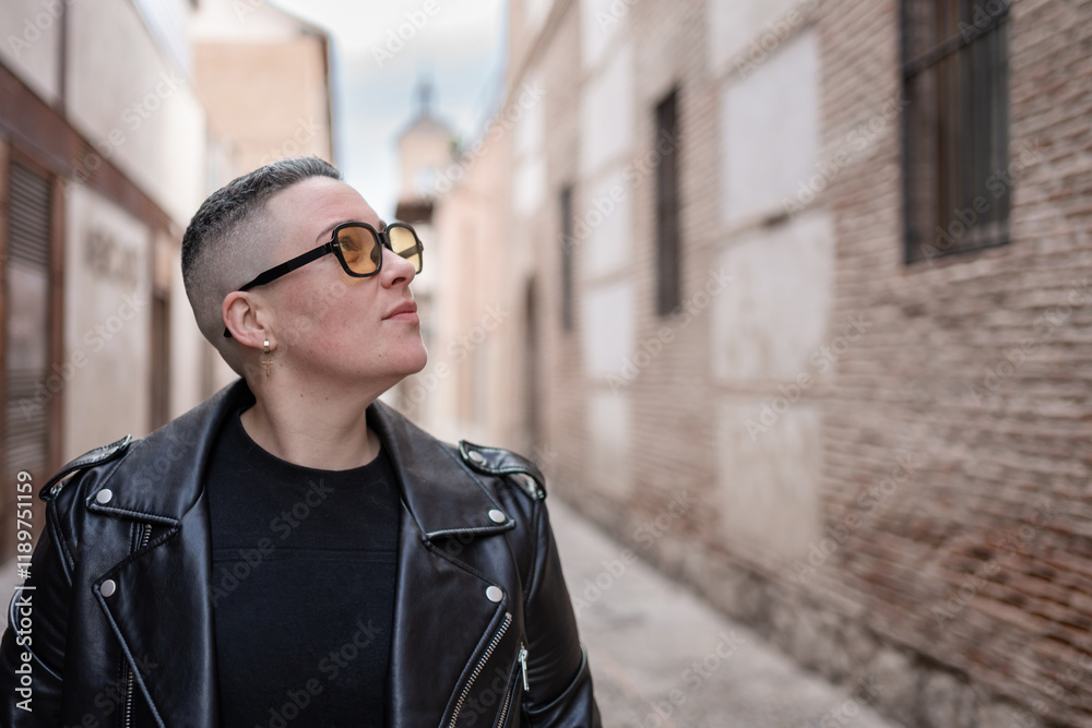 Obraz premium Young lesbian walking down city street looking up