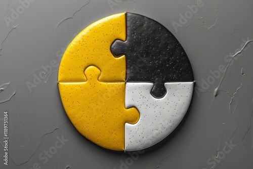 Four puzzle pieces in yellow, black, white, and gray form a circular shape on a textured gray surface. The colors represent contrasting elements and suggest unity through diversity. photo