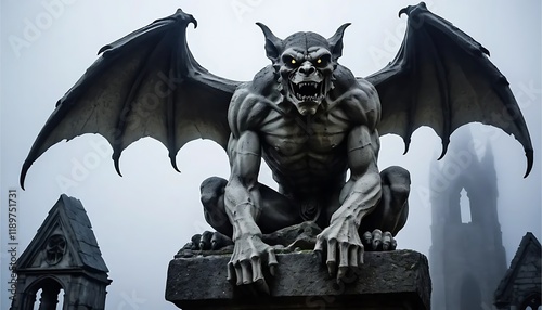 Menacing Gargoyle Statue: Gothic Sculpture in Misty Setting
