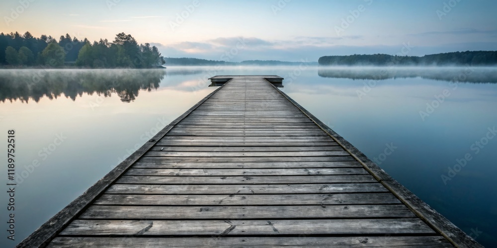 Fototapeta premium Serene wooden pier extending into calm lake surrounded by misty forest at dawn