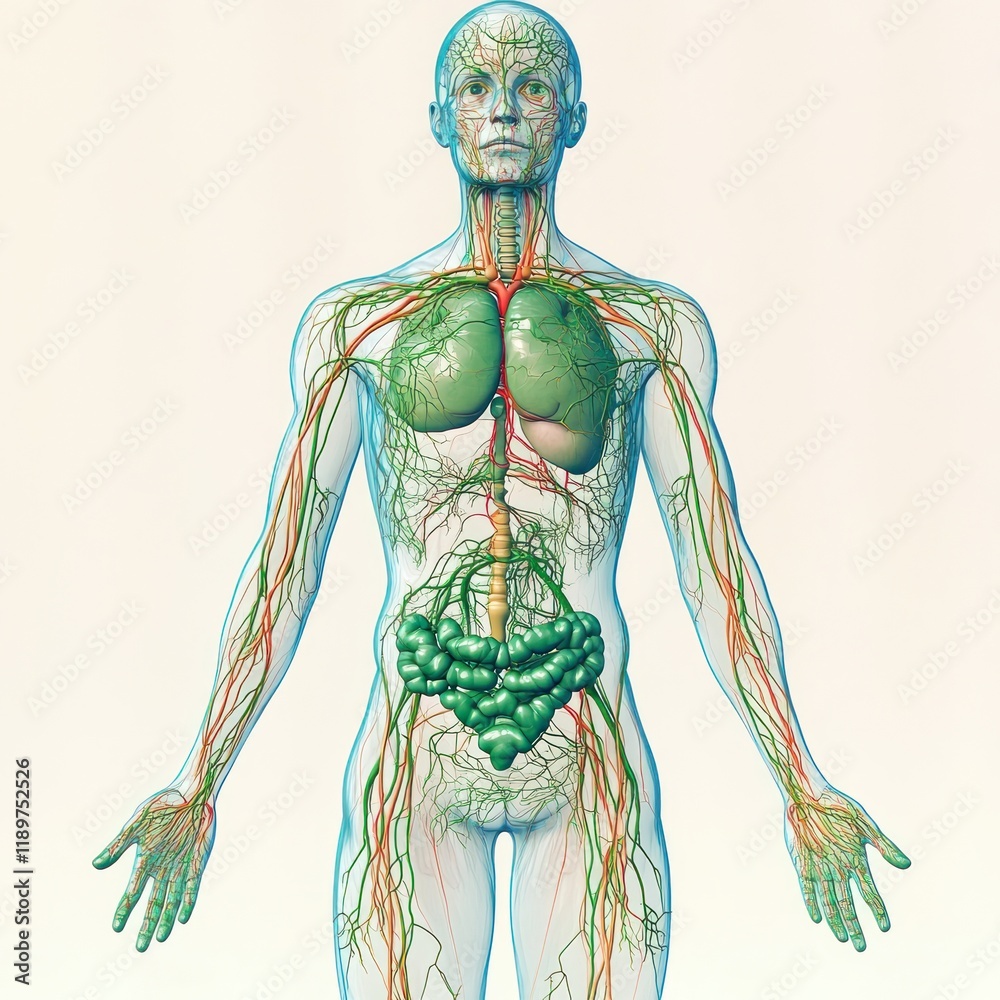 Fototapeta premium Detailed Anatomical Illustration of Human Lymphatic System in Transparent Female Body