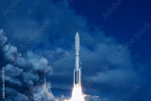 Fototapeta Naklejka Na Ścianę i Meble -  Rocket launch into space. Elements of this image furnished by NASA