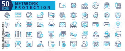 NETWORK PROTECTION ICON SET With Cyber Attack, Bug, Firewall, Captcha, Database Management, Ddos, Antivirus, Binary Code, Browser and Cracking