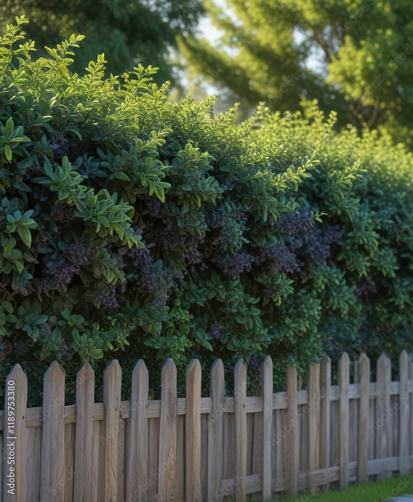 Fototapeta premium Pruned black frosty privet Ligustrum vulgare shrub on a garden fence, foliage, garden fence, leafy branches