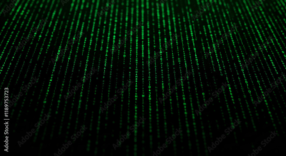 Green vertical lines of code on a black background, resembling digital rain. Green vertical lines of code on a black background, resembling digital rain.