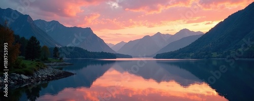 Quiet dawn on the Kurchum River with mountains reflected, riverscape, quiet photo