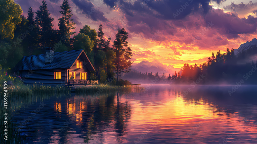 Fototapeta premium A quiet lakeside cabin at sunrise, the still water reflecting the colorful sky as the day begins peacefully. Lakeshadow. Illustration