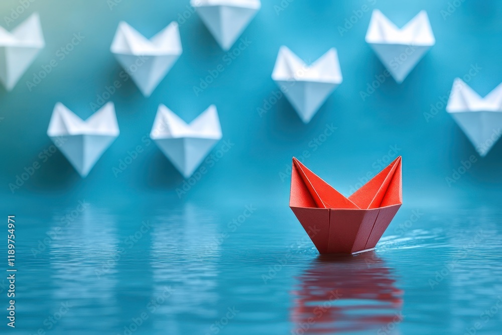 Innovative Solution Concept with Red Paper Boat Among White Boats on Blue Background Innovative Solution Concept with Red Paper Boat Among White Boats on Blue Background