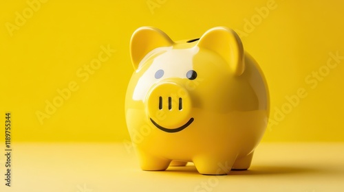 A yellow piggy bank set against a matching yellow background, symbolizing savings and financial management. photo