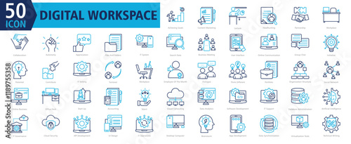 DIGITAL WORKSPACE ICON SET With Achieving Goals, Content Marketing, Lecture, Headhunting, Partnership, Workplace, Collaboration, Autonomy, Appreciation and Files And Folders