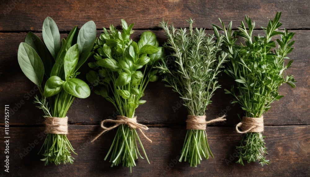 Fresh Herbs Tied in Bundles on Rustic Wood Fresh Herbs Tied in Bundles on Rustic Wood