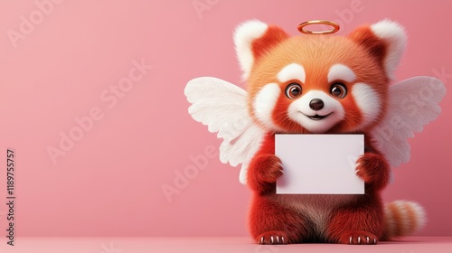 Adorable Red Panda Angel with White Wings, Halo, Holds Blank Card, on Pink, Valentine s Day. photo