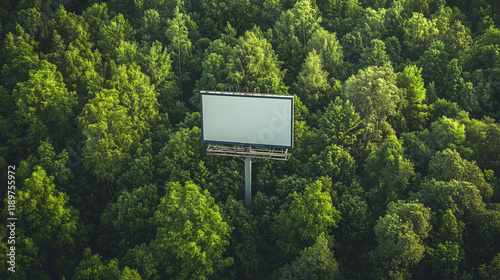 A billboard standing in the middle of a forest, symbolizing advertising’s intrusion into nature photo