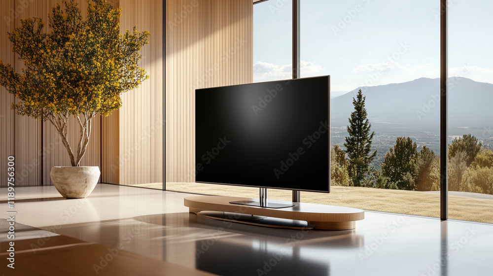 Fototapeta premium A modern flat-screen TV placed on a minimalist TV stand