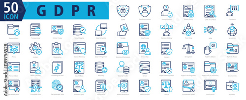GDPR ICON SET With Pseudonymisation, Anonymization, Privacy Policy, Code of Conduct, Complaint, Personal Data, Transparency, Online Privacy, Data Integrity and Data Portability