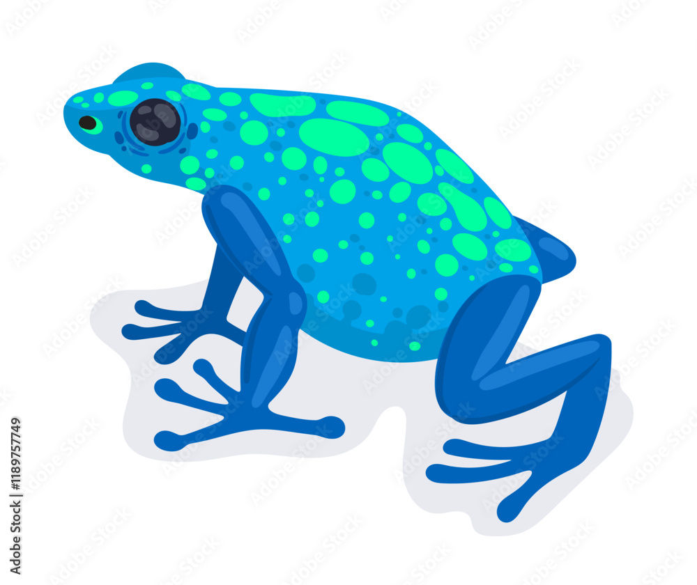 Fototapeta premium Exotic frog. Cartoon tropical rainforest amphibian animal, blue exotic frog flat vector illustration. Cute frog on white background