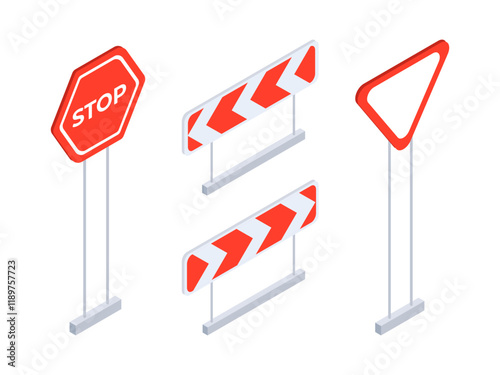 City road signs. Isometric urban city parking and dead end signs, traffic signposts and street road signs 3d vector illustration set. Urban road signs