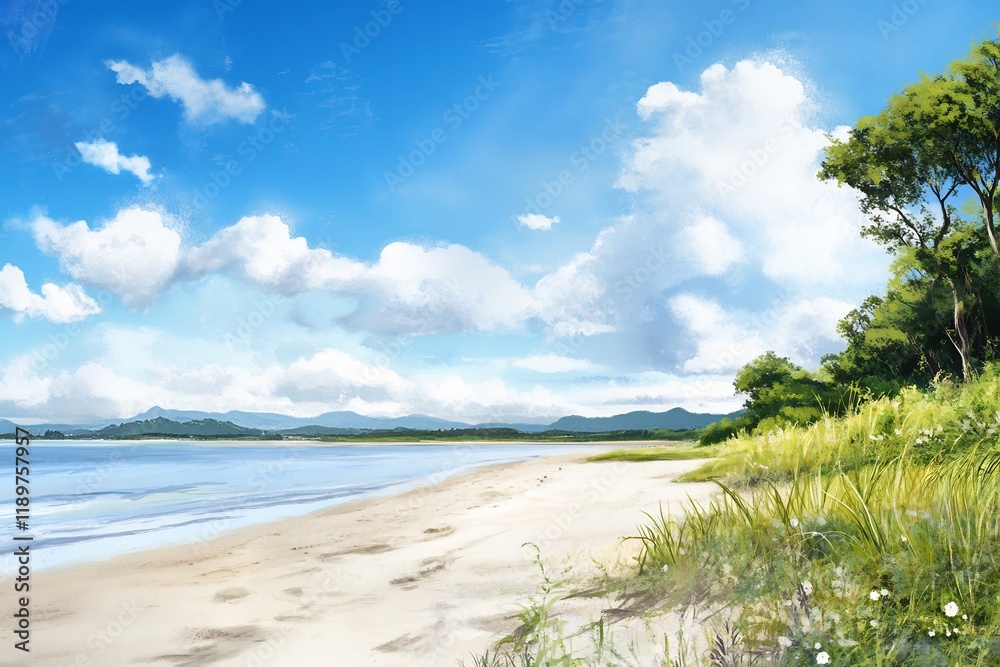 Sunny beach, coastal view, summer vacation, tranquil scene, ideal for travel ads Sunny beach, coastal view, summer vacation, tranquil scene, ideal for travel ads