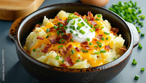 A hearty bowl of smashed baby potatoes topped with cheddar, crispy bacon bits, and a dollop of sour