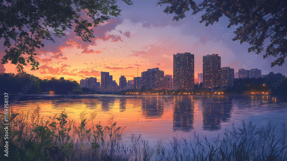 Fototapeta premium City lakeshore twilight lightscape. Lakeshadow. Illustration