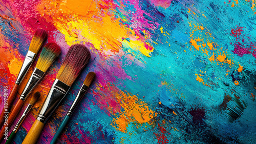 A vibrant art studio filled with colorful canvases, scattered brushes, and creative energy—perfect for themes of inspiration, artistic expression, and creative workspaces