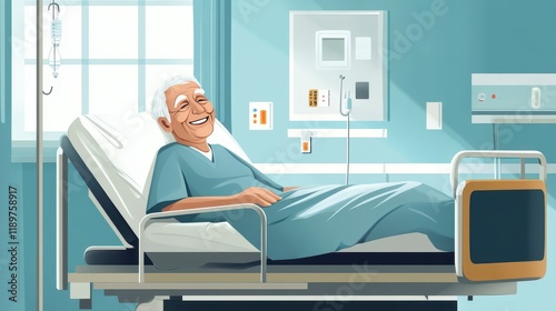 An elderly patient smiles contentedly while resting in a hospital bed, embodying the essence of compassionate healthcare. photo