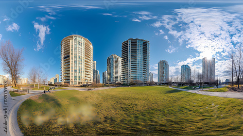 Fisheye panorama of south etobicoke condos near lakeshore, queensway, and parklawn. Lakeshadow. Illustration photo