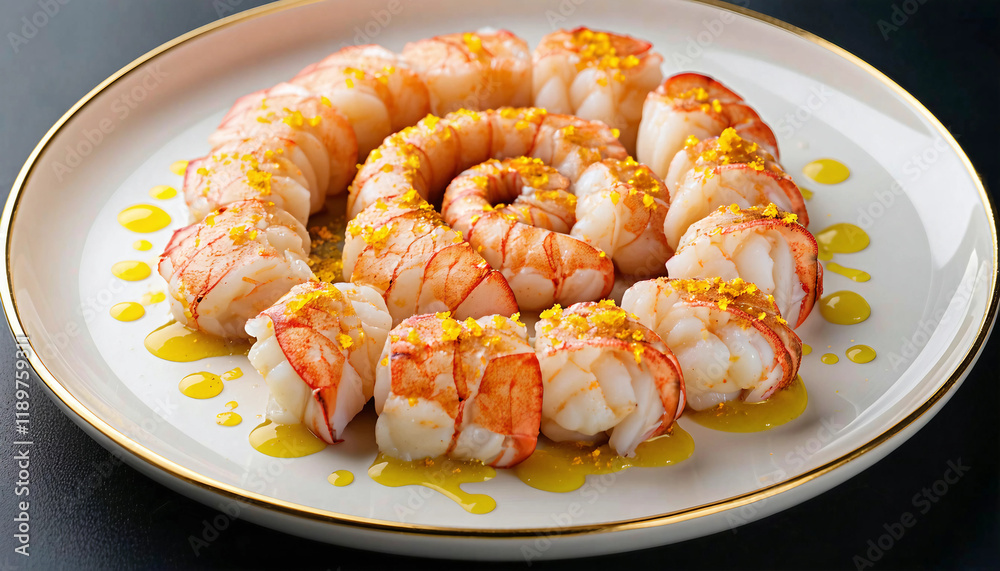 Perfectly poached lobster medallions arranged in a spiral, surrounded by delicate drizzles of saffro Perfectly poached lobster medallions arranged in a spiral, surrounded by delicate drizzles of saffro