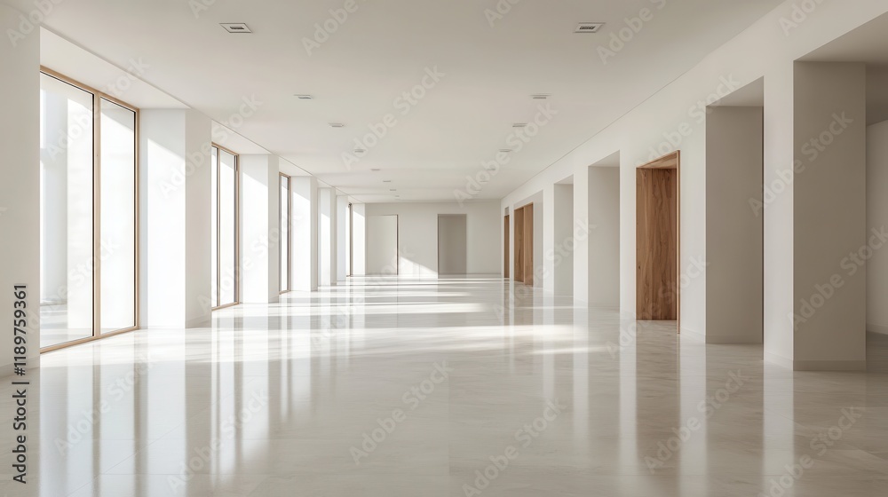 An empty office hall featuring a clean white color scheme combined with natural wooden accents, creating a professional and inviting space. An empty office hall featuring a clean white color scheme combined with natural wooden accents, creating a professional and inviting space.