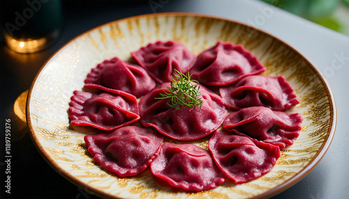 A handcrafted beetroot ravioli with vibrant colors of deep red and gold, carefully arranged in a cir photo