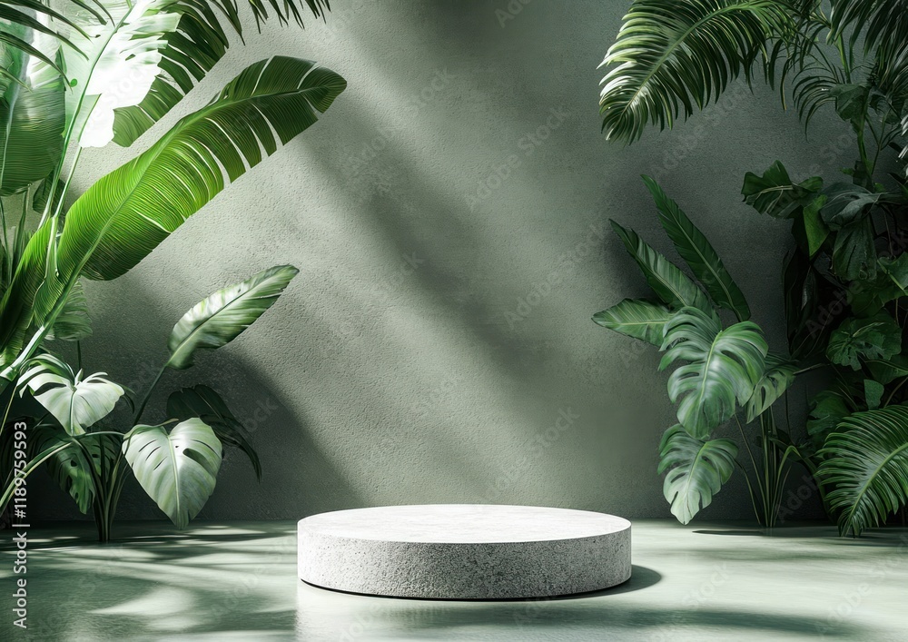 Minimalistic 3D Stone Pedestal Display with Tropical Leaves in Soft Natural Light for Beauty Product Promotion Minimalistic 3D Stone Pedestal Display with Tropical Leaves in Soft Natural Light for Beauty Product Promotion