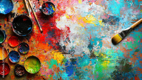 A vibrant art studio filled with colorful canvases, scattered brushes, and creative energy—perfect for themes of inspiration, artistic expression, and creative workspaces