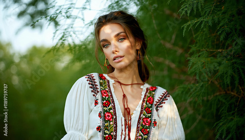 A model wearing an intricately embroidered blouse with floral motifs, her face framed by loose stran