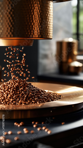 Close-up of coffee roaster spinning freshly roasted beans in warm light with clean background for promotional use