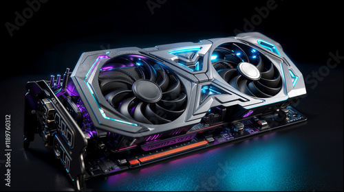 design of a futuristic ultra gaming GPU graphics card with RGB light, professional video card. designed for high-performance, high-resolution gaming and workstation	