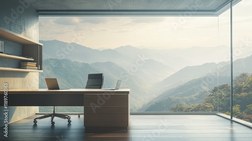 An office interior featuring armchairs and desks equipped with PC computers, complemented by a window and a mockup wall for customizable design. photo