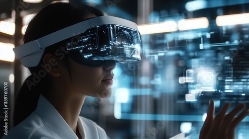 An office woman wearing VR glasses, interacting with a metaverse hologram in a cyberspace environment. photo