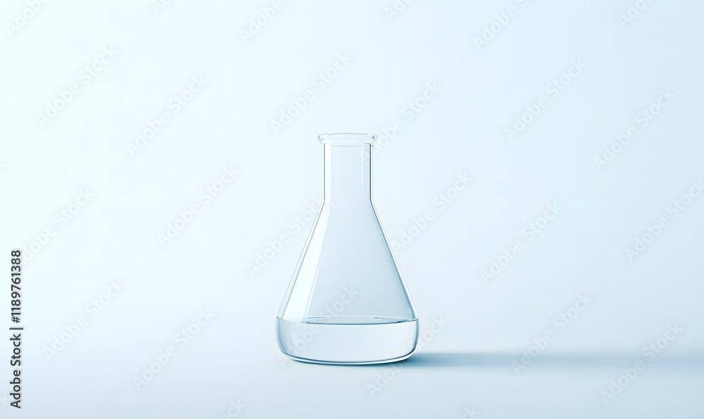 Clear glass Erlenmeyer flask with liquid on light blue background.