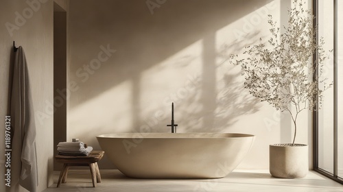 A beige bathroom featuring a bathtub, showcasing a warm and neutral color scheme with a focus on simple elegance and comfort. photo