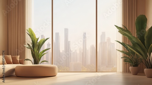 A beige home interior features an empty living room with a panoramic window showcasing a view of skyscrapers, blending a neutral, spacious setting with a dynamic cityscape backdrop. photo