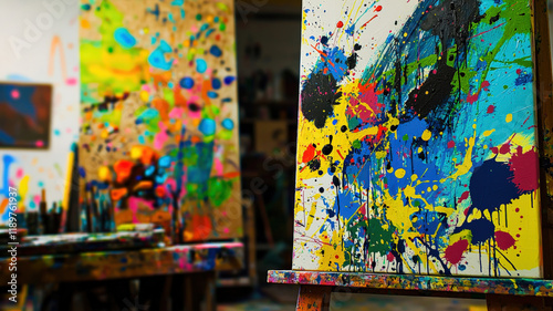 A vibrant artist’s studio with colorful paint splatters, expressive canvases, and a creatively chaotic atmosphere—ideal for artistic lifestyle, inspiration, and design-related projects.