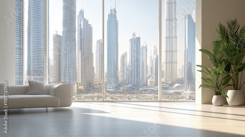 A beige home interior features an empty living room with a panoramic window showcasing a view of skyscrapers, blending a neutral, spacious setting with a dynamic cityscape backdrop. photo