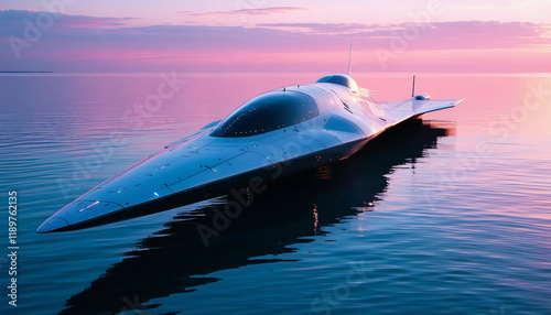 A futuristic ship with smooth, aerodynamic lines and a metallic sheen, hovering above the water usin photo