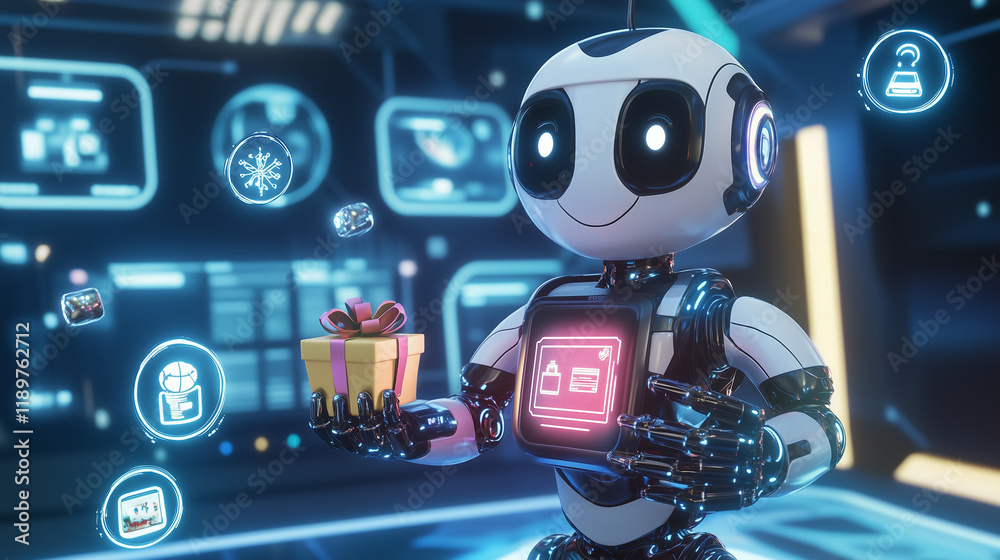 Obraz premium ギフトを届ける未来のロボットAIのイメージイラスト