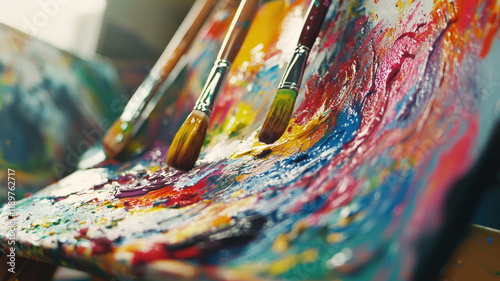 A vibrant artist’s studio with colorful paint splatters, expressive canvases, and a creatively chaotic atmosphere—ideal for artistic lifestyle, inspiration, and design-related projects.