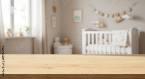 Empty wooden tabletop with blurry baby room interior background. Wooden table for product presentation mockup
